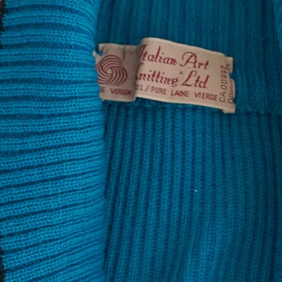 Vintage Italian Art Knitting Teal Ribs Knit Button Cardigan Stripe Collar L (42) - Picture 9 of 9